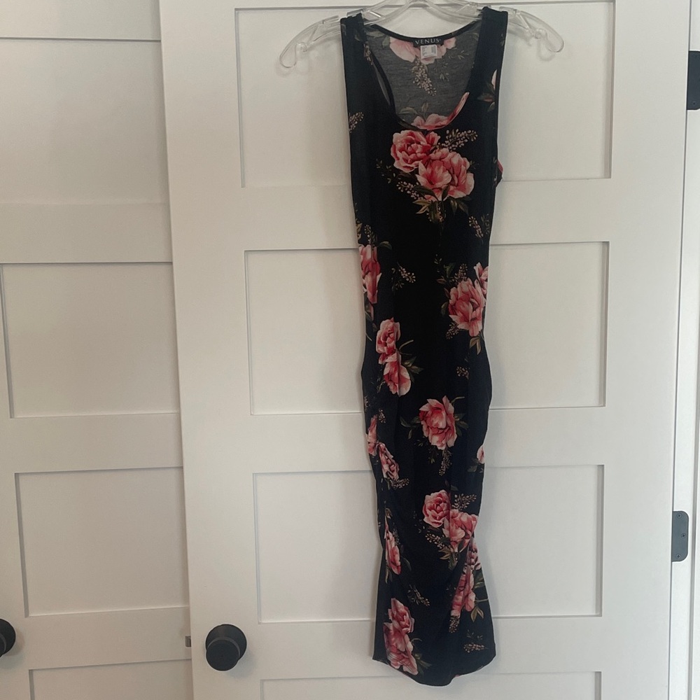 VENUS Black and Pink Floral Midi Dress